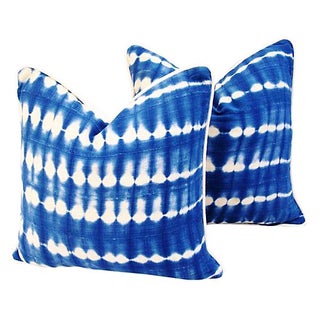 Blue & White Batik Linen Pillows - A Pair For Sale