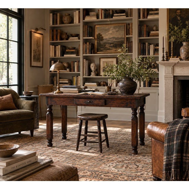 This country store table is constructed of solid oak, with turned baluster legs, canted chamfered corner blocks, and a...