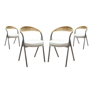 Set of 4 Arthur Umanoff for Shaver Howard Brushed Metal & Rattan Accent Chairs For Sale