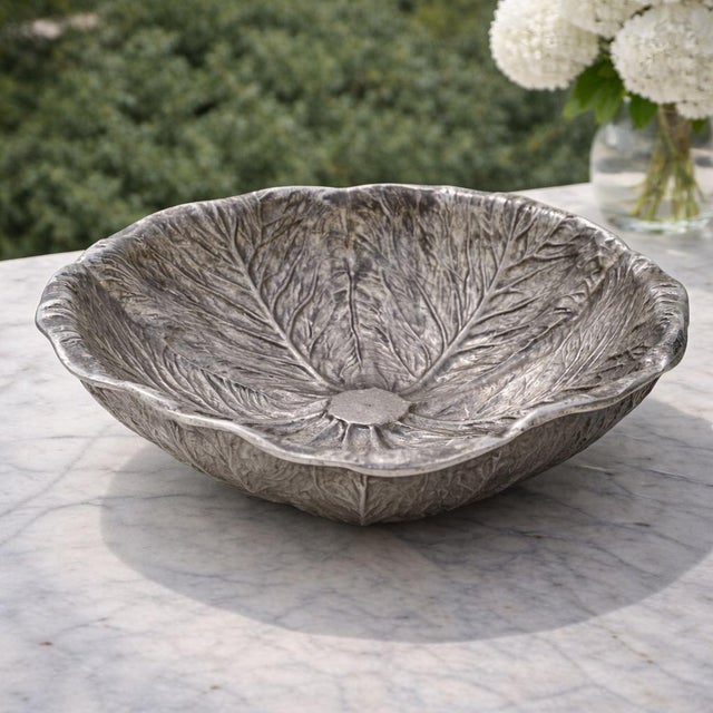 A vintage pewter serving bowl, beautifully crafted in the shape of a large cabbage leaf. Designed in a classic majolica...