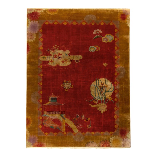 Hand-Knotted Vintage Chinese Art Deco Rug, Red and Gold Pictorial Pattern For Sale
