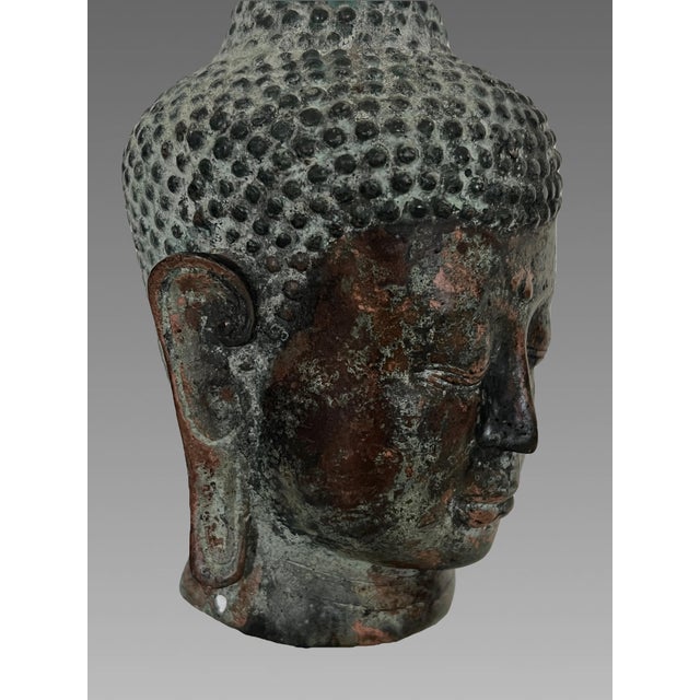 South East Asian Buddha Head Mounted on Square Black Pedestal For Sale - Image 4 of 11