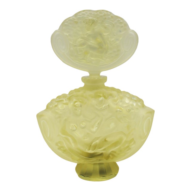 C. 1920s-30s Czech Art Deco Period Lemon Yellow Frosted Glass Perfume Bottle & Stopper For Sale