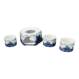 Vintage Asian Japanese Tea Pot Warmer and 3 Cups Blue & White Porcelain Nautical Sailing Ship Set- 4 Pieces