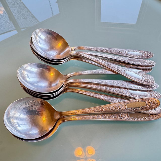 1930s Art Deco Bowl Soup Spoons (Gumbo) Mildred Silverplate, C1936 by National Silver Co 12 Pc Pruistine For Sale In San Diego - Image 6 of 16