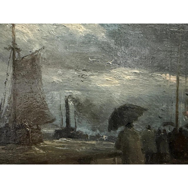 Blue Meyer Wiegand Rolf Dieter, North Sea Harbor Pier with Lighthouse in the Rain, 1970, Oil on Canvas For Sale - Image 8 of 13