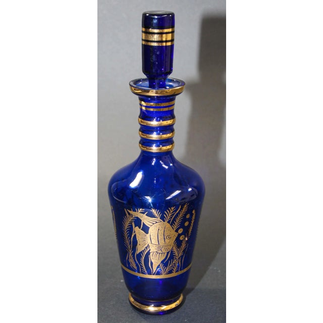 Cobalt Blue Enameled Glass Liquor Set Decanter and Glassesy - Set of 5 For Sale - Image 12 of 13