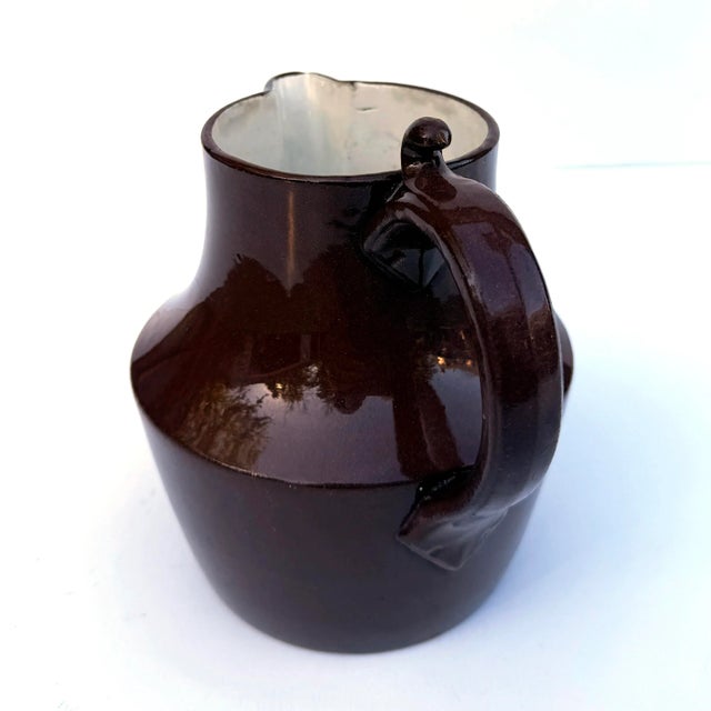French Country Antique Sarreguemines One-Handled Pitcher — Brown Glaze, White Interior — Pre-Wwi For Sale - Image 3 of 9