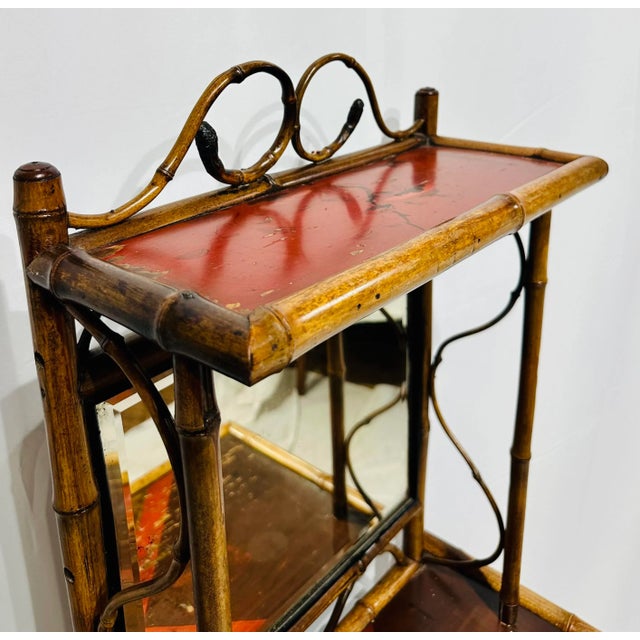 Stunning Antique Scorched / Burnt Flame Bamboo Vanity Cabinet Hutch with Original Beveled Mirror Top, circa 1910. Original...