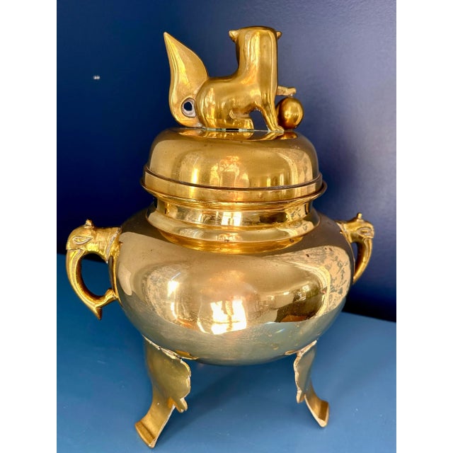 Asian Vintage Brass Foo Dog Urn Censer For Sale - Image 3 of 11