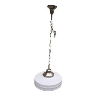 Vintage School House Satellite Shade With Brushed Nickel Fixture For Sale