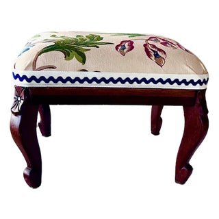 Antique Carved Mahogany Foot Stool With Botanical Upholstered Seat For Sale