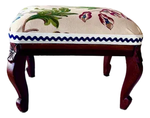 Antique Carved Mahogany Foot Stool With Botanical Upholstered Seat