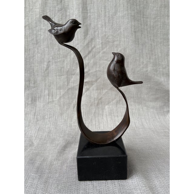 Sweet vintage, two birds sitting on a branch, bronze sculpture on a small square black marble base. Unsigned. Good...