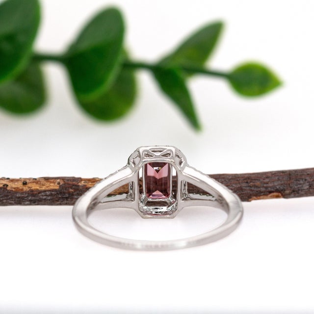 Pink Tourmaline and Natural Diamonds Ring in Solid 14k White Gold | Em 6x4mm, Size 6.75 For Sale In Columbus - Image 6 of 7