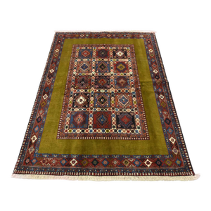 Yalameh Rug 4’11” X 6’6” Green Wool Vintage Tribal Hand-Knotted Carpet