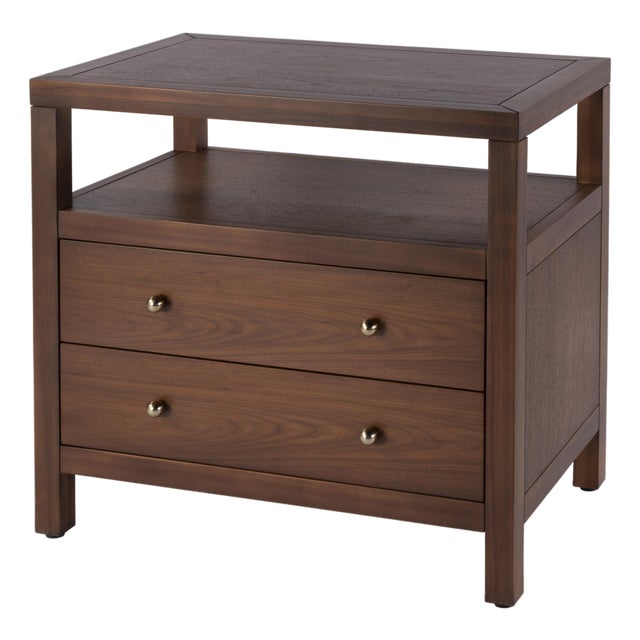 Nora 28 in. W Rectangular 2 Drawer Wide Nightstand with Open Shelf, Walnut For Sale