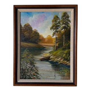 1995 Vintage River Landscape Oil on Masonite Painting, Signed & Framed For Sale