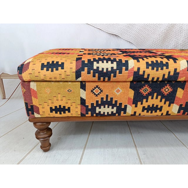 Farmhouse Orange Aztec Rug Printed Fabric Upholstered Storage Bench For Sale - Image 3 of 8