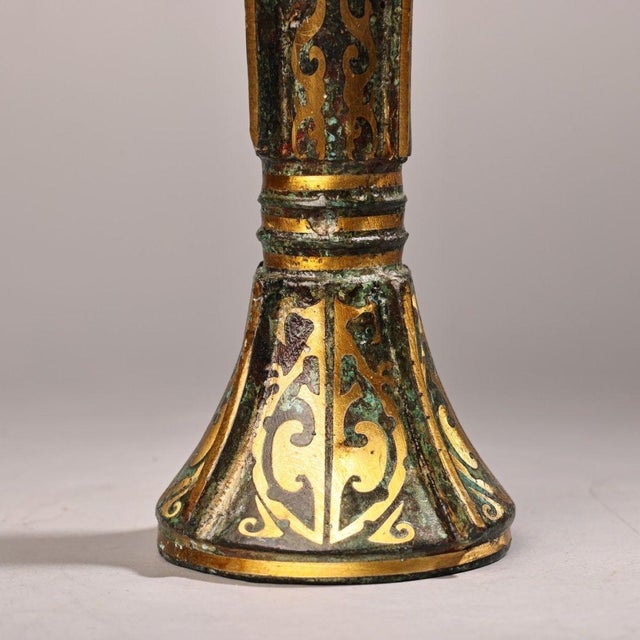 Metal Bronze Gu Vase With Gold Inlay & Inscribed Markings, Archaic Scroll Motif, Tall Flared Ritual Style Bronze Vessel For Sale - Image 7 of 9