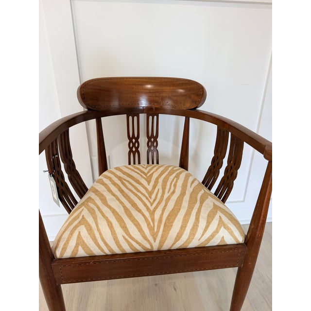 Vintage Cheraton Style Inlaid Mahogany Accent Chair with new designer upholstery For Sale - Image 4 of 6