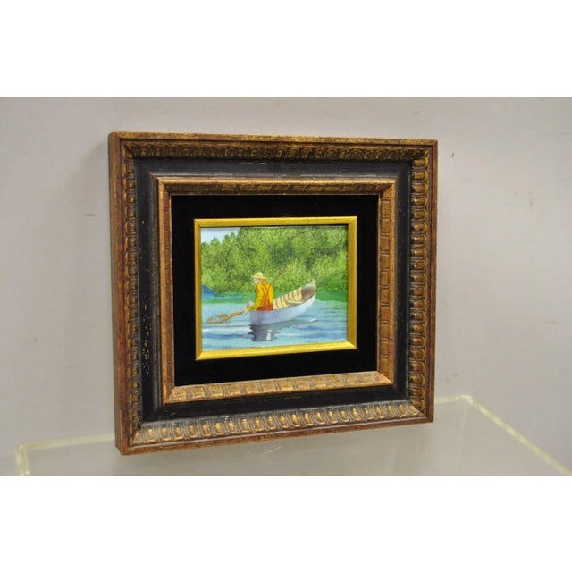 Daniel Belliard Enamel on Copper Small Framed Painting Fisherman in Boat on Lake For Sale - Image 10 of 11