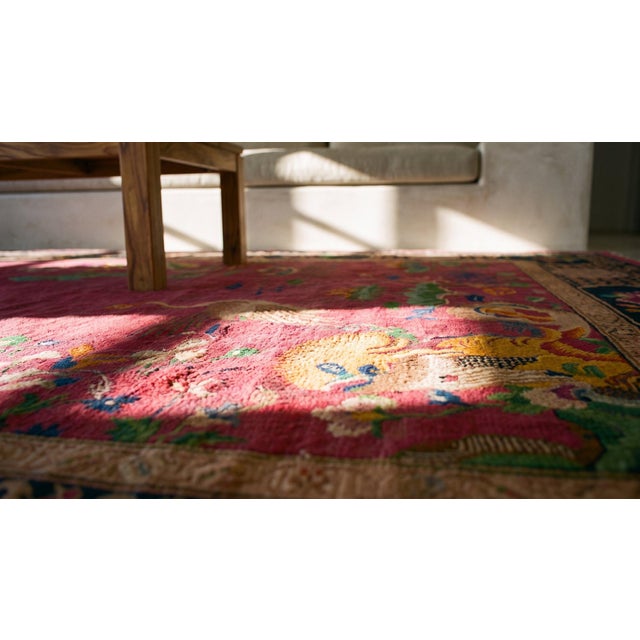 Classic Red-Raspebery Background With Black Border Antique Chinese Art Deco Rug For Sale - Image 10 of 10