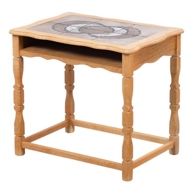 Danish Brutalist Oak Bedside Table with Ceramic Tiles, 1960s For Sale