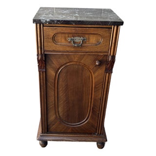 Antique Walnut Nightstand / Bedside Cabinet Featuring a Dark Marble Top and a Single Drawer Above a Cabinet Door For Sale