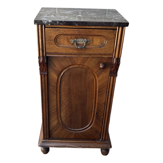 Antique Walnut Nightstand / Bedside Cabinet Featuring a Dark Marble Top and a Single Drawer Above a Cabinet Door For Sale