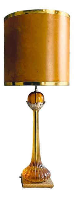 Large Regency Style Amber Acrylic Glass Buffet Table Lamp with Brown Drum Lampshade, 1970s