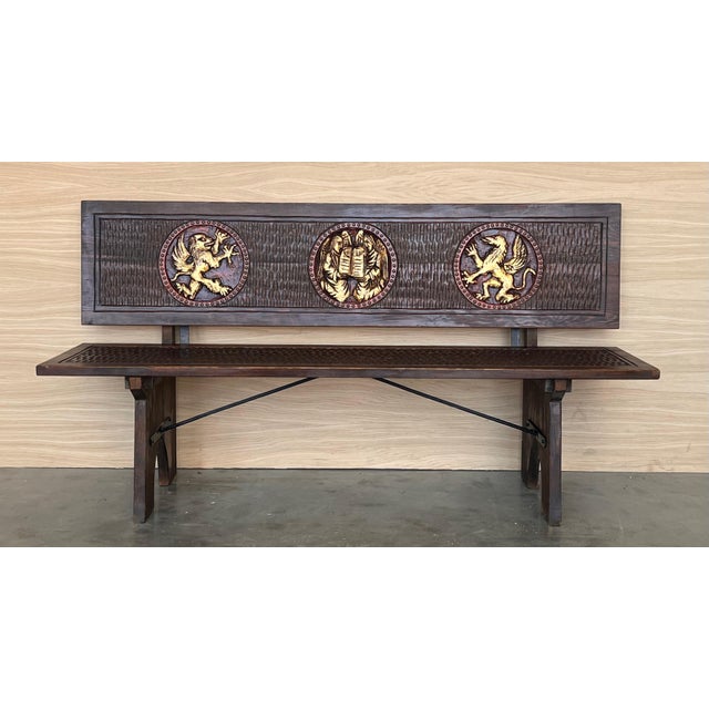 20th Century Spanish Renaissance Carved Walnut Bench Banquette "Escaño" For Sale - Image 16 of 18