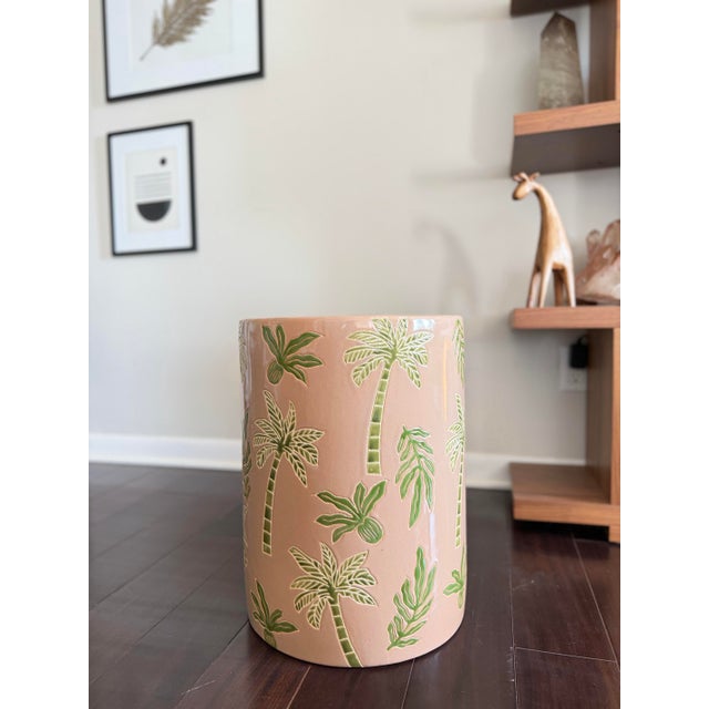 Made Goods Tropical Palm Ceramic Garden Stool in Blush & Green Gloss Glaze Indoor Outdoor Side Table For Sale - Image 9 of 12