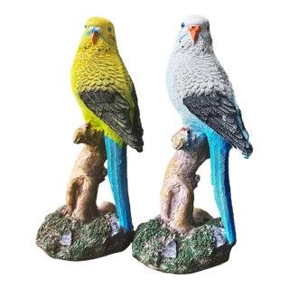 Pair of Resin Parakeet Figurines – 6.1" Realistic Bird Sculptures on Branches For Sale