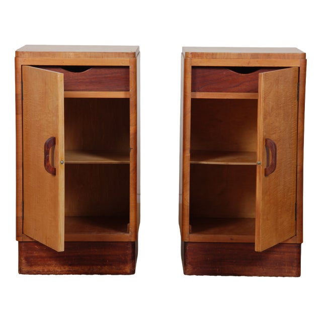 English Maple and Walnut Bedside Tables, 1930, Set of 2 For Sale