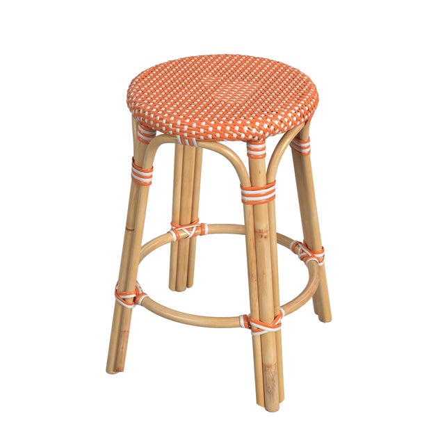 Wood Tobias 24 in. Seat Height Round Rattan Backless Counter Stool, Orange/White Dot/ Natural Rattan Frame For Sale - Image 7 of 7