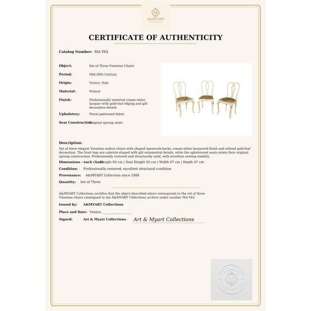 Venetian Cream Lacquered and Gilt Walnut Chairs with Floral Upholstery attributed to Testolini e Salviati for Testolini & Salviati, 1930s, Set of 3 For Sale - Image 10 of 11