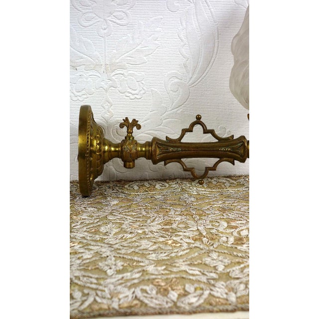 Gold Antique Brass and Glass Torch Wall Lamp from Unbekannt, 1920s For Sale - Image 8 of 10