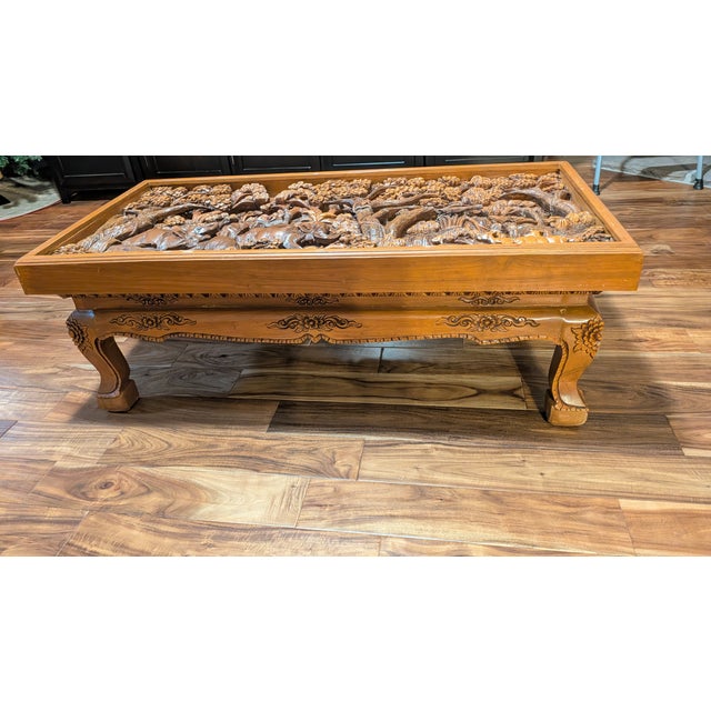 Pure Forest Teakwood Highly Engraved Thailand Living Room 8-Piece Antique Furniture With Glass Tops , Pillows and Cusions Included in Addition For Sale - Image 9 of 11