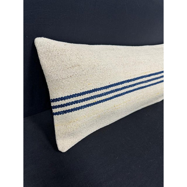 Turkish Hemp Pillow Cushion Natural Beige Blue Cushion Cover 14x45 #18001 Enhance your home decor with our Kilim Pillow...