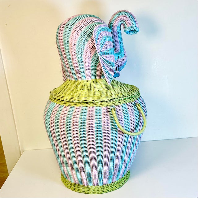 Turquoise 1997 Vintage Boho Chic Coastal Cabana Striped Wicker Elephant Basket Hamper, Signed Jen Lee For Sale - Image 8 of 17