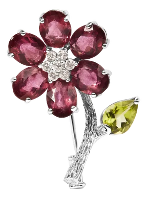 18K White Gold 1/3 Cttw Diamond, Pink Tourmaline, and Green Peridot Flower and Leaf Tulip Brooch Pin