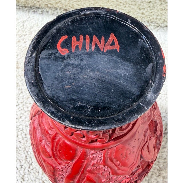 Antique Chinese Republic Era Carved Red Cinnabar 7.5” Landscape & Figures Vase For Sale In Los Angeles - Image 6 of 7