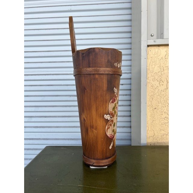 Rustic European Mid 20th Century Hand Painted Floral Wood Folk Art Umbrella Stand For Sale - Image 3 of 7