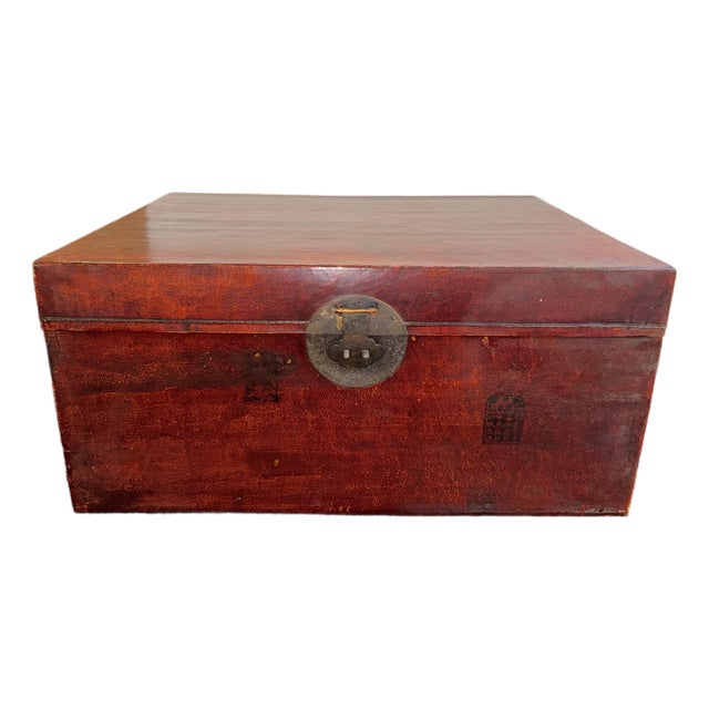 Antique Chinese Qing Era Red Leather Trunk or Coffee Table For Sale