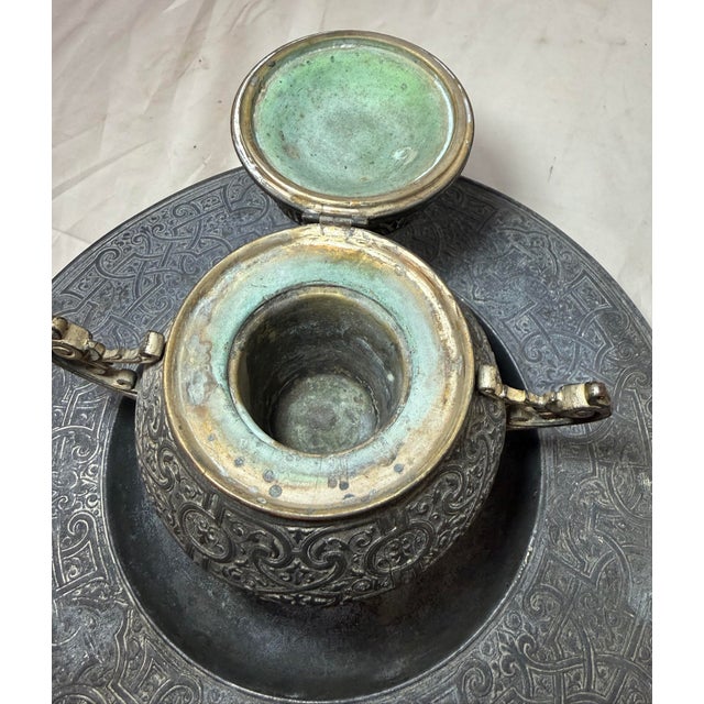Large Antique Ornate 19th Century Victorian Metal Bronze Desk Inkwell Stand Jar For Sale - Image 12 of 13