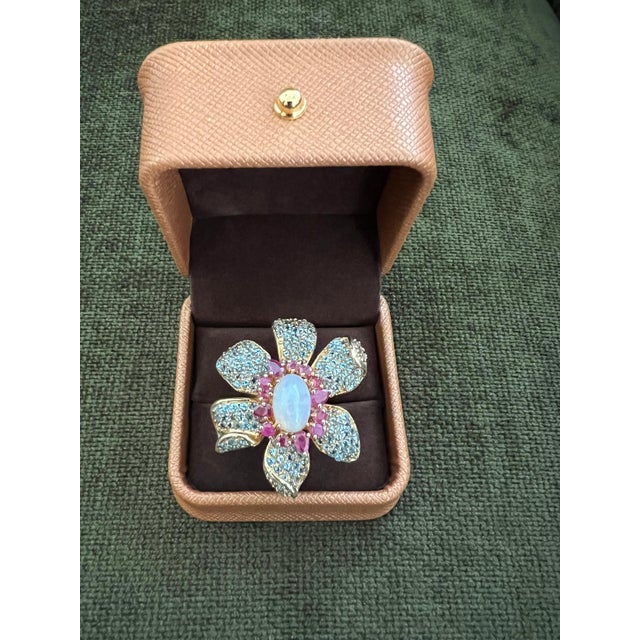 Gemstone Bochic "Capri" Vintage Ruby, Fire Opal & Blue Topaz Ring Set 18K Gold & Silver For Sale - Image 7 of 18