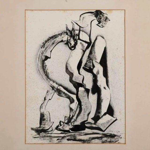 This Framed J. Akston "Puzzled" Oil on Paper is a striking and thought-provoking work of modern figurative art. With its...