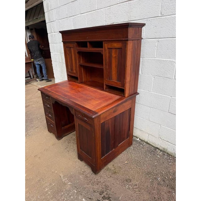 Wood Antique Victorian Art. & Craft Style Writing Table Executive Desk With Hutch For Sale - Image 7 of 18