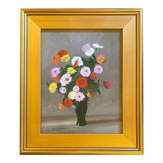 Satori Gregorakis Framed Oil Painting of Flowers in a Green Vase For Sale